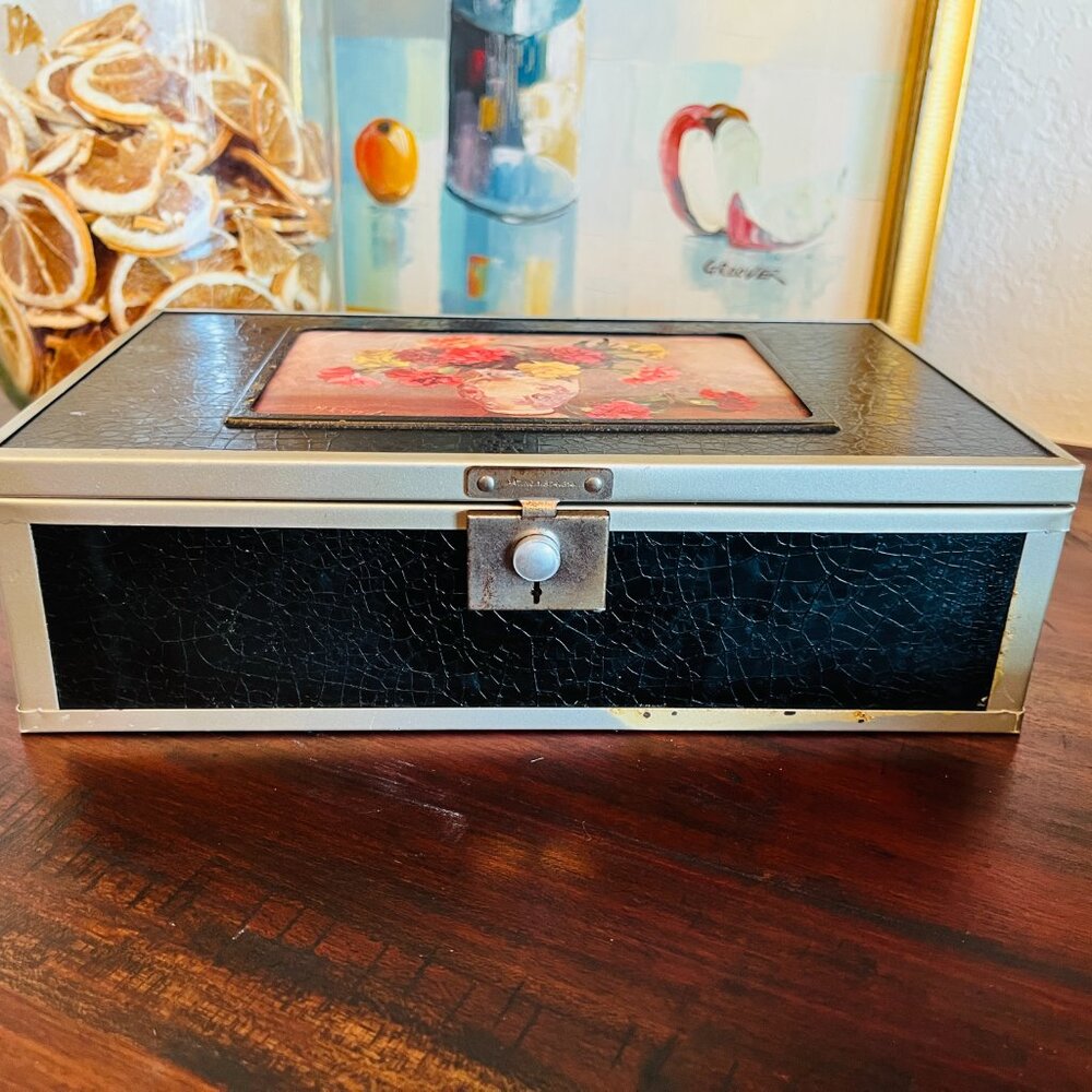 Antique 1920s Box Wood Metal Leather Floral Grandma Cottagecore Americana Histor - Picture 7 of 15